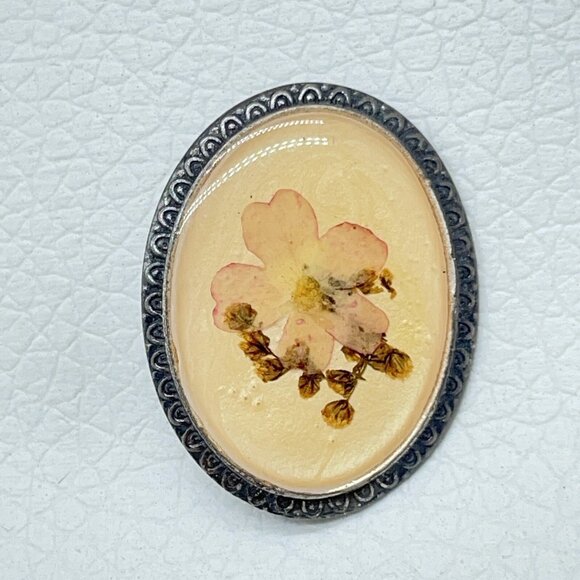 Pierre Bex Jewelry - Vtg Pierre Bex Brooch Dried Flowers Oval Tarnished Scroll Detail Trombone Clasp